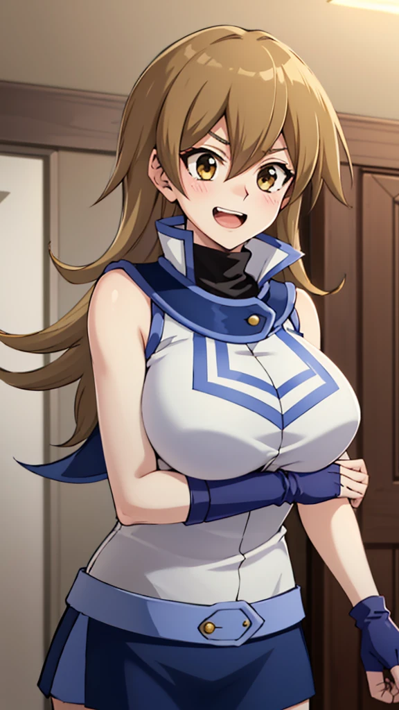 masterpiece, best quality, highres,1girl, solo, ta1, white jacket, sleeveless, blue skirt, fingerless gloves,  makurada junko, turtleneck, white vest, sleeveless, high collar, belt, blue miniskirt, huge breasts, arrogant, laughing, open mouth, cowboy shot, indoors, bedroom