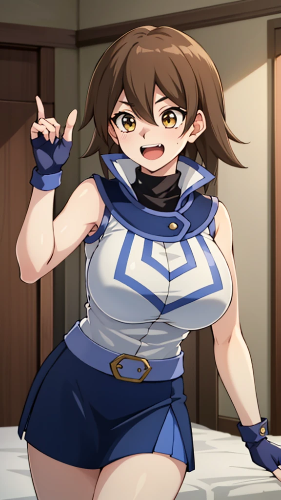 masterpiece, best quality, highres,1girl, solo, ta1, white jacket, sleeveless, blue skirt, fingerless gloves,  makurada junko, turtleneck, white vest, sleeveless, high collar, belt, blue miniskirt, huge breasts, arrogant, laughing, open mouth, cowboy shot, indoors, bedroom