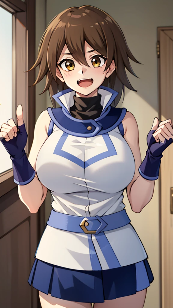 masterpiece, best quality, highres,1girl, solo, ta1, white jacket, sleeveless, blue skirt, fingerless gloves,  makurada junko, turtleneck, white vest, sleeveless, high collar, belt, blue miniskirt, huge breasts, arrogant, laughing, open mouth, cowboy shot, indoors, bedroom