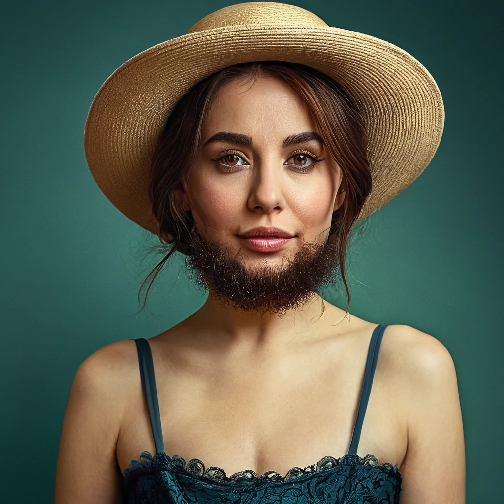 bearded lady hirsute arafée dans un chapeau debout dans une pièce avec beaucoup de photos, portrait doux 8 k, Sergueï Zabeline, photographie couleur portrait 4k, par Fiodor Rokotov, Photographie de portrait artistique 8k, Alexeï Egorov, par Irakli Nadar, Superbe portrait, fille française, portrait VFX très détaillé, beau portrait