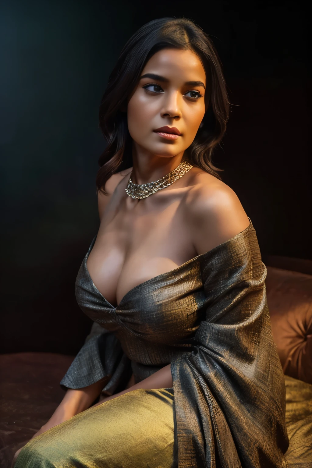 In this photograph, a beautiful Indian Instagram model in her mid-30s takes center stage, showcasing her chubby figure and prominent round chest with a hint of cleavage. The image highlights her highly detailed face (1.4) and a soft smile (0.7). She is set against the backdrop of a moody, private study within a 5-star hotel. The photograph, captured by Lee Jeffries using a Nikon D850, features rich colors and lifelike textures, thanks to film stock photography on 4 Kodak Portra 400. With a camera f1.6 lens, the image boasts dramatic lighting and hyper-realistic detail, enhanced by Cinestill 800 film. 

The model wears a vibrant, colorful dobby weave self-design fit & flare dress. The dress features a sweetheart neck, short puff sleeves, a tie-up detail on the back, an above-knee length flounce hem, and attached lining in chiffon fabric. Inspired by actress Karla Ortiz, the model poses candidly, wearing a slave collar with a chain around her neck. The meticulously captured photograph, in 8K resolution, utilizes cutting-edge techniques such as Cinema 4D and Octane Render. Studio lighting, HDR, and a smoky mist create a captivating ambiance, with a bokeh effect adding an artistic touch. The overall aesthetic is influenced by the styles of Max Dauthendey.