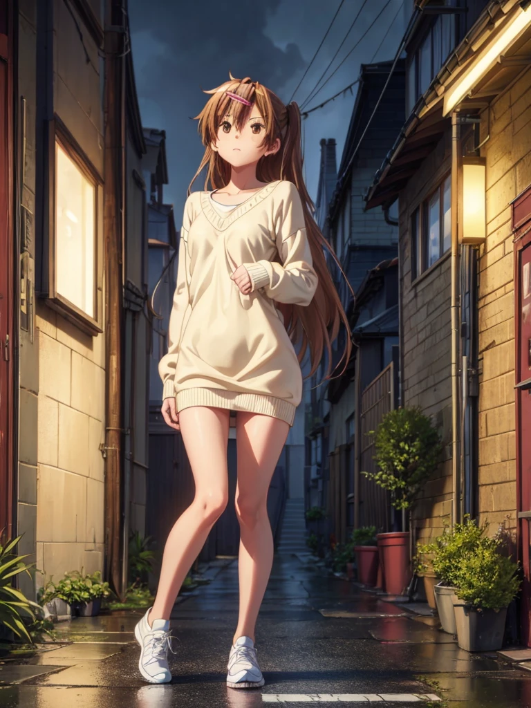 Girl, Sweater dress , Bare breasts, chest visible, street  background, Narrow passage between houses, night, rain, slim body, In full growth, Sneakers, small breast