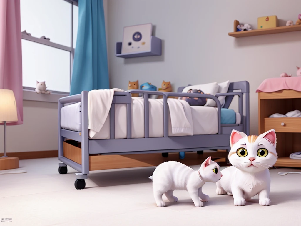 White cat having a kitten in the hospital on a bed, the kitten has to look like it was just born