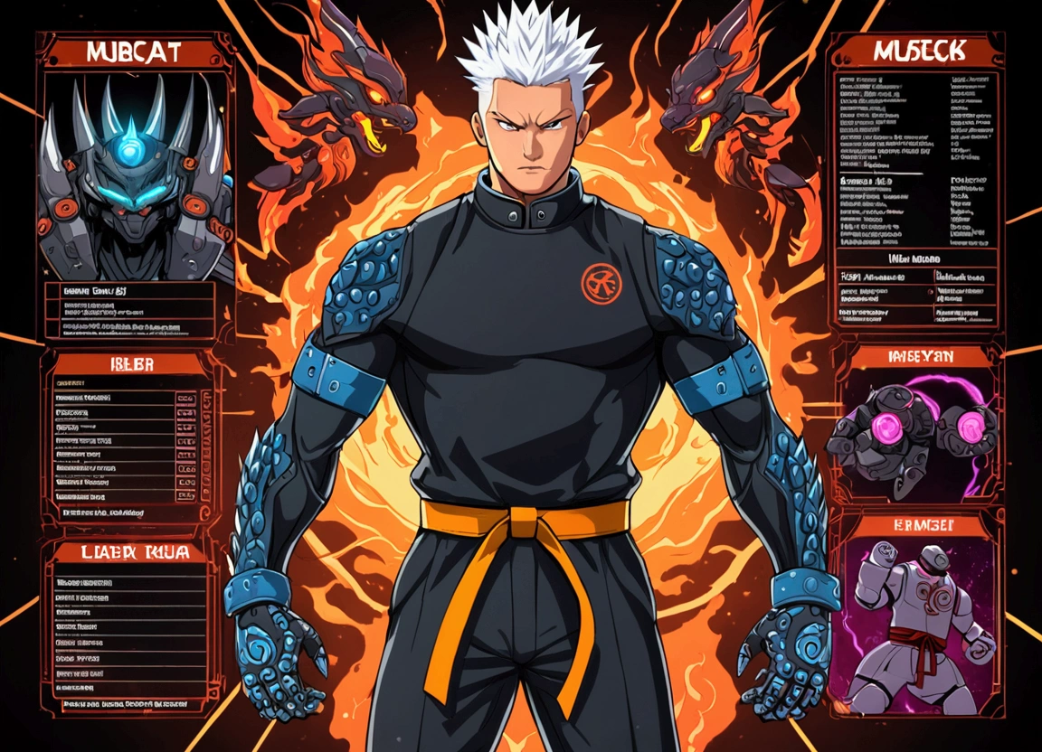 Asian Man, spikey white hairstyle, wearing synthetic muscle body suit under a Karate uniform, Karate belt, robot neon gloves, character sheet, surrounded by angry animal spirit energy, dark aura, ember, Dark Fantasy, Cyberpunk