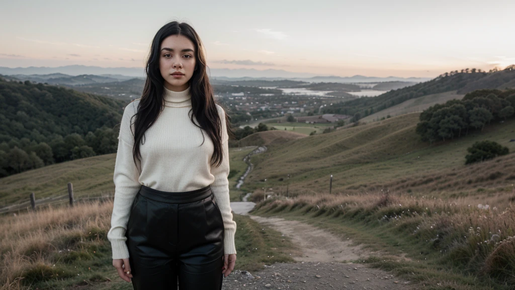 a girl(who is wearing white highneck sweater and black pant, long black hair ) is standing in side pose, more realistic, background green hills, evening scene