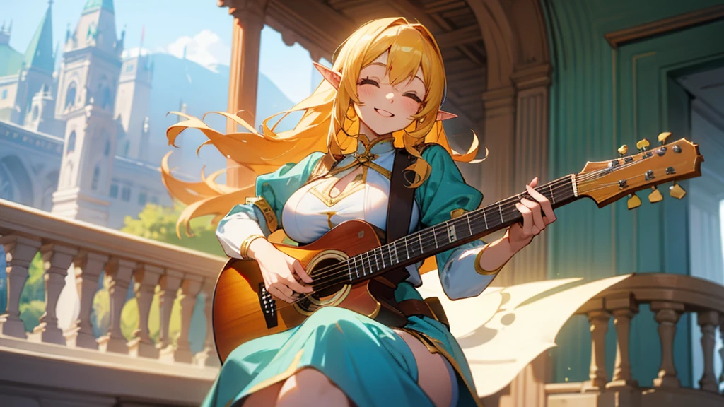 Healthy thighs,Anime Style,Detailed background,Magical World,A lively balcony with many people,Smiling bard beautiful elf girl,guitar,Large Breasts
