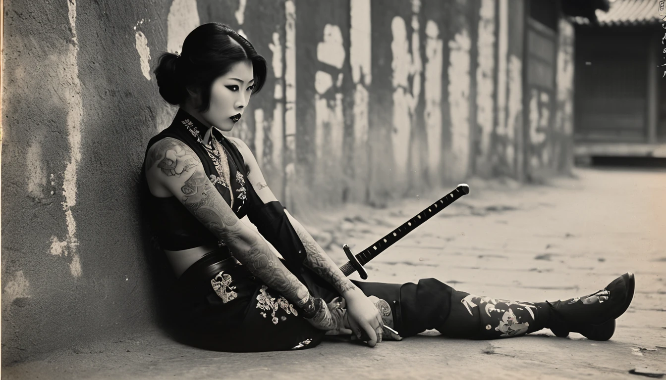 35mm vintage photo , American woman with a sword and tattoo sitting on the ground, slim yakuza girl, katanas strapped to her back, Oriental tattoos, She holds a katana sword, female samurai, Yakuza tattoo on the body, of a Taiwanese girl with tattoos, Full body tattoos, Full body tattoos, behind her a decorated Korean pole weapon, Geisha tattoo ,bokeh, professional