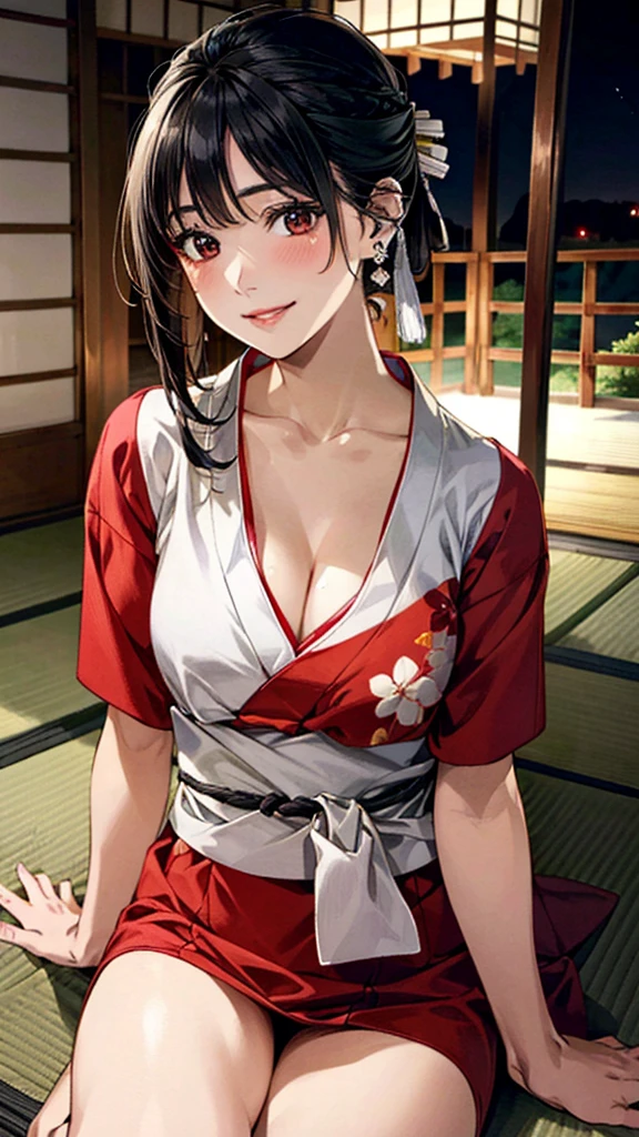 (masterpiece:1.3, Highest quality, Ultra-high resolution, Very detailed), (Realistic, photoRealistic:1.4), Beautiful illustrations, Perfect lighting, colorful, Written boundary depth,
Beautiful detailsまでこだわった髪, Beautifully detailed face, Beautiful details, Beautiful clavicle, Beautiful body, Beautiful big breasts, Beautiful thighs, Beautiful legs, Beautiful fingers,
Show Viewer、Front view:0.6, beauty1人, Japanese, beauty、30 years old, Perfect Face, (Perfect Anatomy, Anatomically correct), Cute and symmetrical face, Baby Face, , Shiny skin,
(Summer clothing、Black and red tones:1.4)、
(Black Hair, Updo Hair:1.4), Dark brown eyes, The body is slim,
hair ornaments、
(Beautiful views), (night), (A room in a ryokan),(futon)、Sitting, 優しいsmile、(smile, Lips parted),