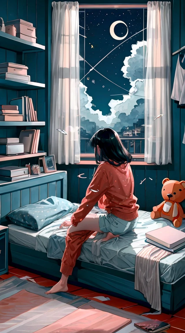 Line art,
One girl, alone, Long Hair, Black Hair, Long sleeve, Sitting, null, Shorts, barefoot, cloud, indoor, pillow, Book, barefoot, window, bed, night, on bed, stuffed toy, moon, 動物のstuffed toy, curtain, star (null), night null, machine, starry null, bubble, teddy bear, pajamas, clock, Bookshelf, lamp, bedroom, crescent moon, shelf,