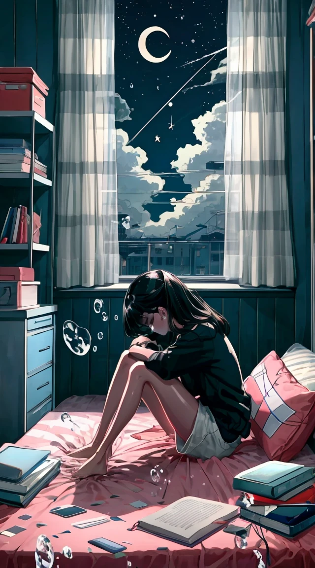 Line art, 
One girl, alone, Long Hair, Black Hair, Long sleeve, Sitting, null, Shorts, barefoot, cloud, indoor, pillow, Book, barefoot, window, bed, night, on bed, stuffed toy, moon, 動物のstuffed toy, curtain, star (null), night null, machine, starry null, bubble, teddy bear, pajamas, clock, Bookshelf, lamp, bedroom, crescent moon, shelf,