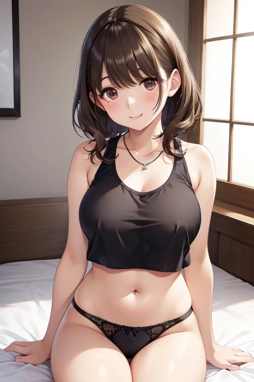 nsfw,

anegasaki nene、Shiny brown hair, short hair, (Beautiful brown eyes、Sparkling eyes, Fine grain)、smile、Ultra-detailed eyes、Very detailedな顔, Very detailedな目,

(Highest quality,masterpiece:1.3,Ultra-high resolution),(Very detailed、Caustics) (Realistic:1.4, RAW shooting、)Ultra-Realistic Capture、Very detailed、Natural skin texture、masterpiece、(Upper body crop tank top、Japanese girl wearing panties on her lower body:1.3)、Adorable expression、Expressions of happiness、Young Face、Amazingly cute、Twin tail hairstyle、Curly Hair、Scrunchie、necklace、Heavy makeup、Very large breasts、Shining thighs、Shining ass、Photo taken in a private room at the cottage、Sit on the bed、Background details、smile、An inviting gaze、(Anatomically correct)、Cowboy Shot、Attention to detail、Sexy and cute pose、