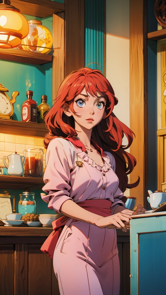 Cute　Showa　Charm　20th Generation　woman　anime　The background is a cafe