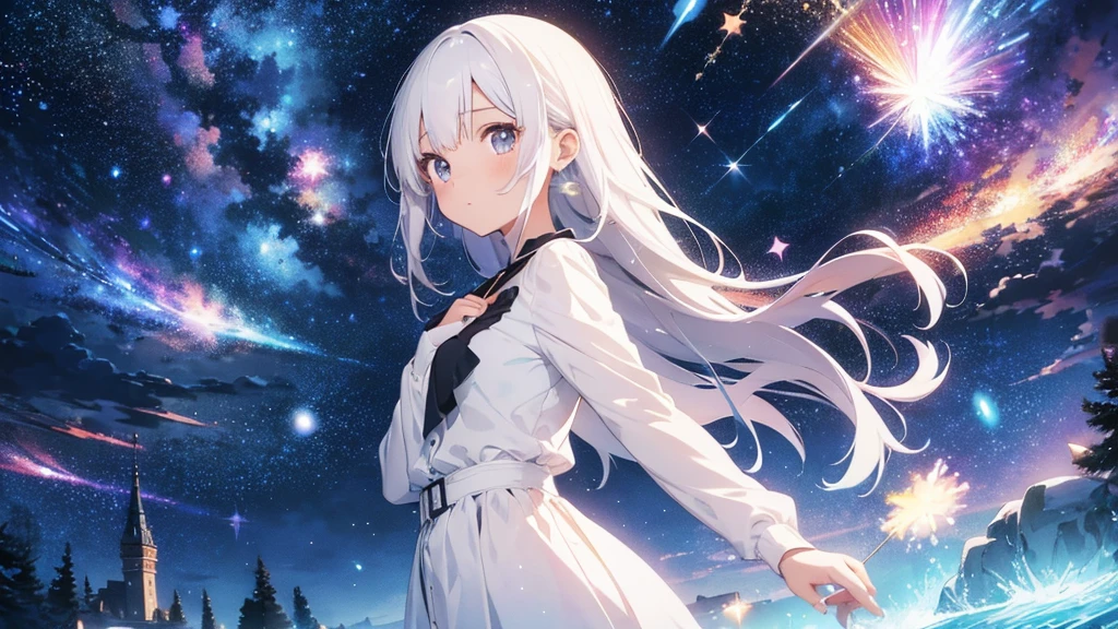 Highest quality,Anime Style,Sparkle Effect,Starry Sky,There is a girl on the right side of the screen.,White Hair,White clothes