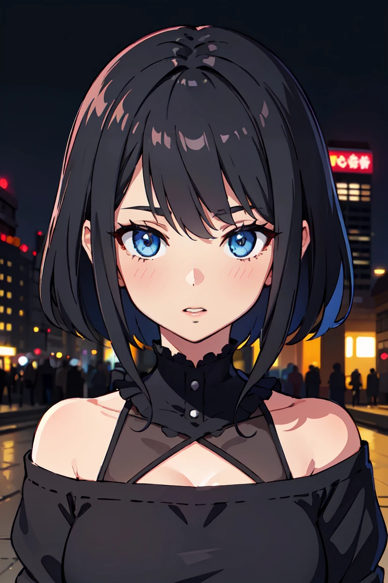 masterpiece, best quality, highly detailed background, perfect lighting, best quality, (extremely detailed face), volumetric lighting, intricate details, shadow, tonemapping, sharp focus, hyper detailed, trending on Artstation, (solo) ((Looking at the viewer)), ((city night background)) .Girl with medium black  hair.  Blue eyes. curvy. Blush, Clear skin.  Big bust. ((black, Goth, casual, clothes)) Gothic dressed 