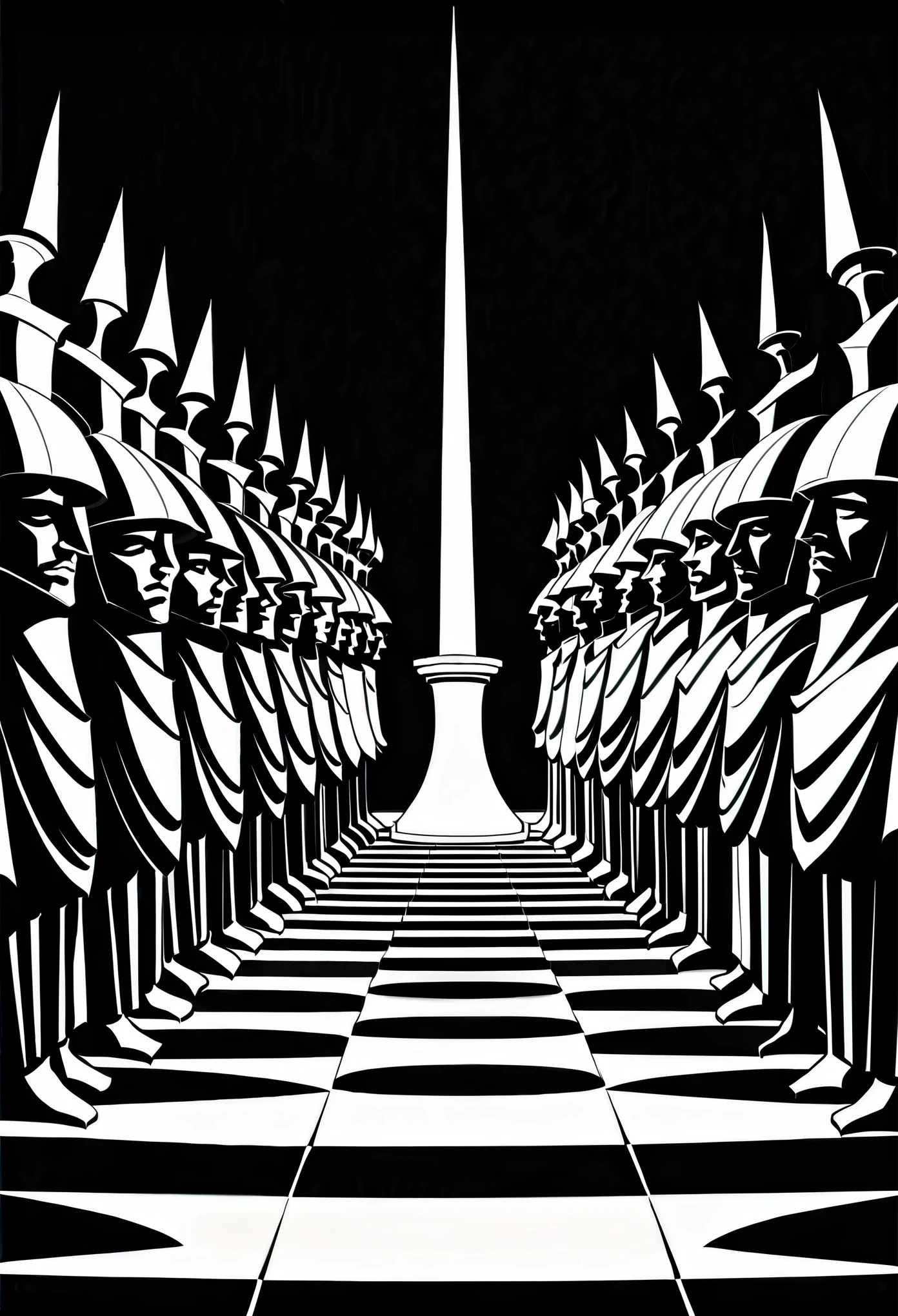 in style of Santiago Caruso,Ultra-wide-angle lens,close-up,queen,queen \(chess\),close up,countless battle flags flew,a neatly arranged procession swayed behind the queen,graphic novels illustration,