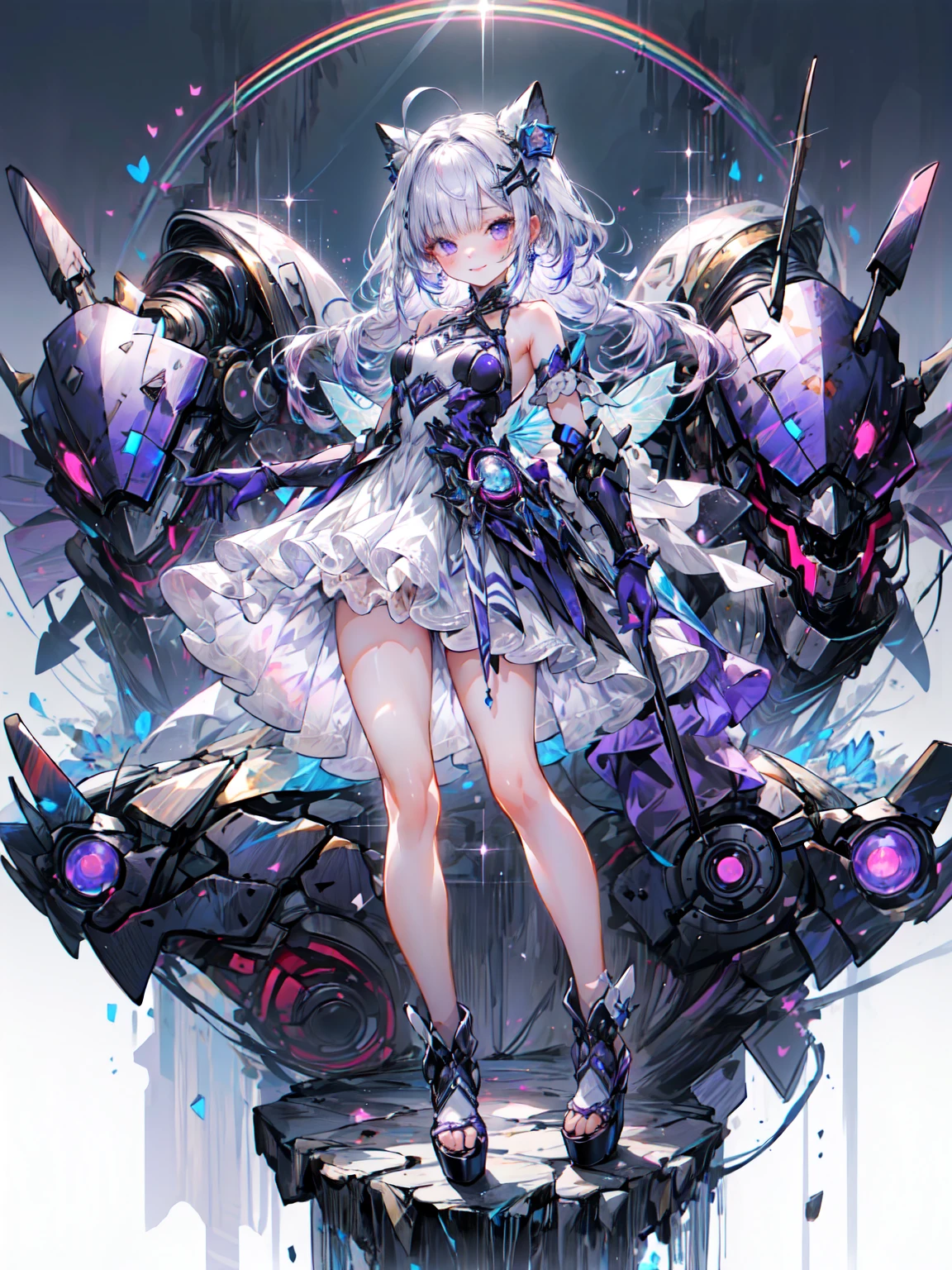 Best image quality、(((Ezvian Everywhere))),Character Portrait、Great style、Laugh hard、Beautiful legs、Leather shoes、Dynamic pose、, Organic Armor Cyborg、Machinery Armor、Armor Texture、young、Gothic ****ta, (((Light purple hair))), Purple eyes, (mascara), Blunt bangs, ((Hair above the eyes)), Long Hair, Pink mixed hair、Mesh Color Pink、Center of chest, Frills,白いFrills, White Theme, (A white dress that shines like a hologram:1.5), ((rainbow crinoline, A striking white layered skirt):1.4), (Gothic ****ta:1.2), (Lace-up:1.2), ((Sleeveless, Expose your shoulders):1.2), (Rainbow Fairy Wings:1.3), Armor Textures、break、(Platform high boots:1.1), (Long gloves:1.2), ((Earrings, Send back):1.2), Faithfully, (((Eye focus))), (((Laughter))), The background is blurred, Hollow Eyes, Purple Theme、Viewer Display, (((night))), (((hair ornaments)))、Blake、（Dark Elf), (1 Girl), alone, Perfect Face, Get used to it, Ahoge, ((Long Hair:1.2)),[[Messy Hair]], Shiny blonde white hair, Purple eyes, Variegated eyes, Colorful Hair, Shining Eyes, (eyelash, eye shadow, pink eye shadow), bright, smile, Design Art：haruhiko mikimoto, by Kawashi, By Yoshitaka Amano