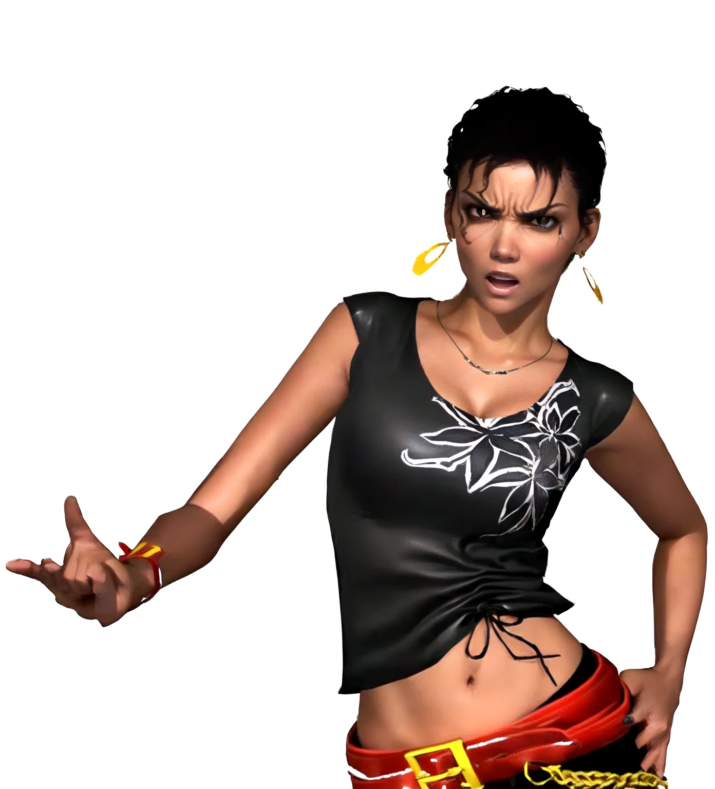 she's black, black hair, dark brown eyes, ((eyes turned to look at the camera)), swedish, as a character in Out Run 2, of SEGA, 3D CG from the 2000s, Holly, 2k, 2 k, ((angry face)), realistic, render of halle berry, fighting game character, from tekken, bright clean face, from devil may cry, wide open curious eyes,  black leather shirt with black and white flower art on it, simple golden necklace and earrings, left hand on the hips, red belt, red wristband, very frowny, angry expression, shouting