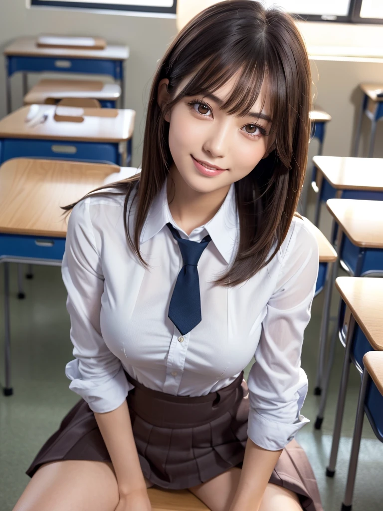 8k,best quality, masterpiece, ultra detailed, ultra high res, photorealistic, raw photo, absurdres, absolutely resolution, 1girl, full body, looking at viewer,a Japanese young pretty woman, hyper cute face, glamorous figure, large breasts,long bob hair,smile,(school uniform:1.3),beautiful eyes, ,windy, (I'm sitting in a chair in a classroom:1.3),glossy lips, double eyelids in both eyes, natural makeup, long eyelashes, shiny smooth light brown long bob hair, asymmetrical bangs, shiny skin, central image, high resolution, high detailing, detailed hairstyle, detailed face, spectacular movie lighting, octane rendering, vibrant, hyper realistic, perfect limbs, perfect ???????