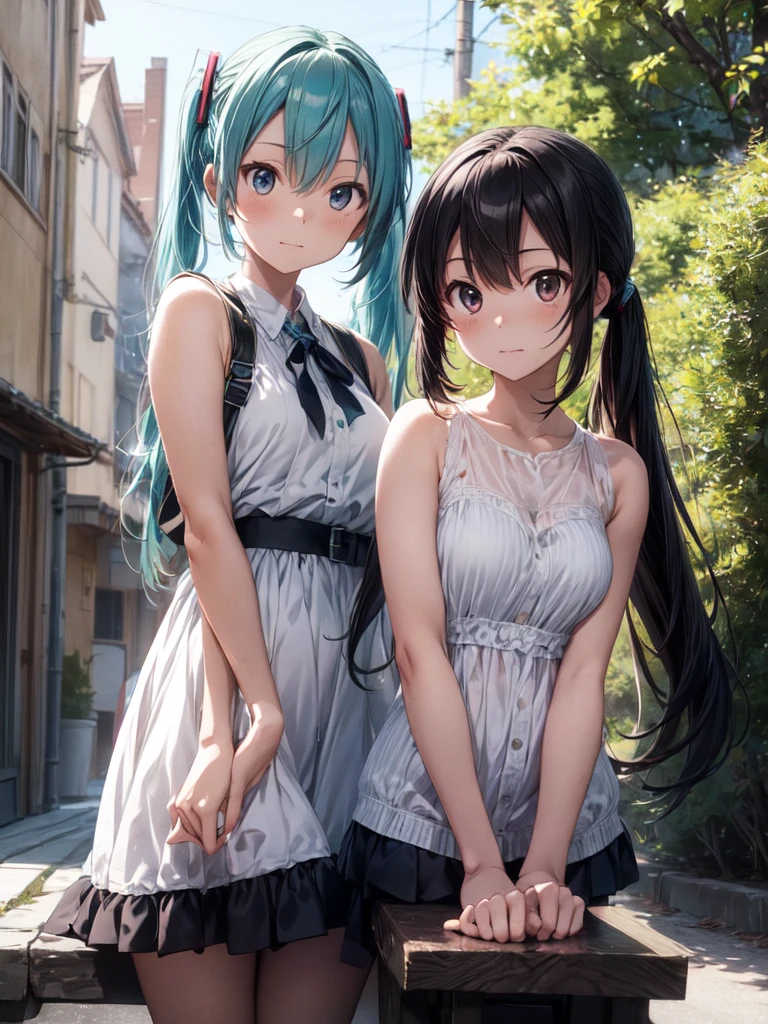 The background is in the style of Makoto Shinkai, with the viewer sitting in nature under a clear blue sky.。
Hatsune Miku in a shoulder-baring dress。
The color of the dress is white。
A sexy, mature atmosphere reminiscent of Minato Ward girls。
Hair is straight。