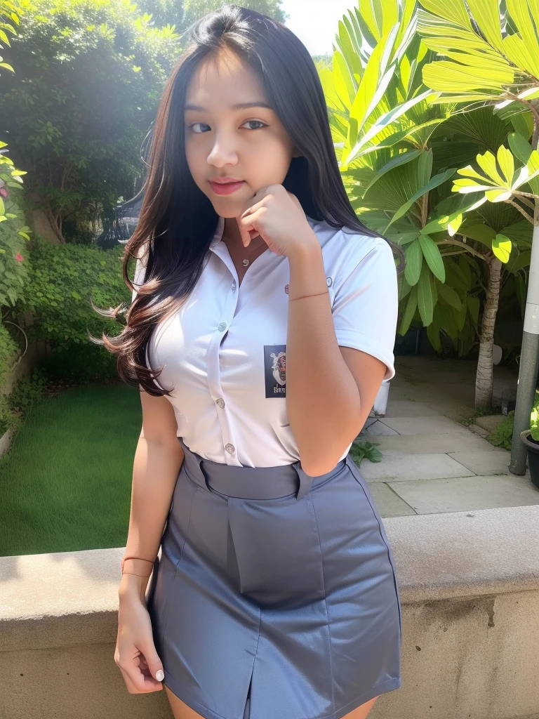 1girl, (uniform), standing, outdoors, curvy body, tall, detailed face, detailed eyes, thick breasts, shiny skin, tight shirt, grey blue short skirt, looking at the audience, low angle shot, professional light,(8k, RAW photo, best quality, masterpiece: 1.2), (realistic, realistic: 1.37), ultra-high resolution
