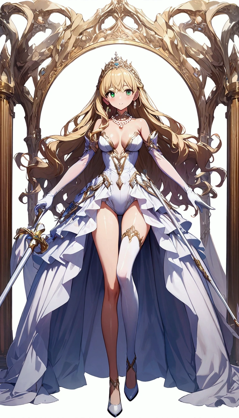 Anime. 1 Girl. Cute girl. Princess. Blonde. Long hair. Wavy hair. Green eyes. Beautiful eyes. Perfect eyes. Expressive eyes. Blind eyes. Blind. Ideal face. . Sitting chest. Beautiful breasts. Ideal anatomical body. Beautiful long legs. Luxurious white dress. White stockings. High heel shoes. White cane. Diadem. Pearl necklace. Neat earrings. White gloves. ColdStanding at full height. She is standing on the street. Stands in the royal garden. Beautiful character design. Shiny skin. Full body. Official
art. Extremely detailed CG Unity 8k wallpaper. Ideal lighting. Ultra high resolution 4K. Super detailed 8K. A high resolution.