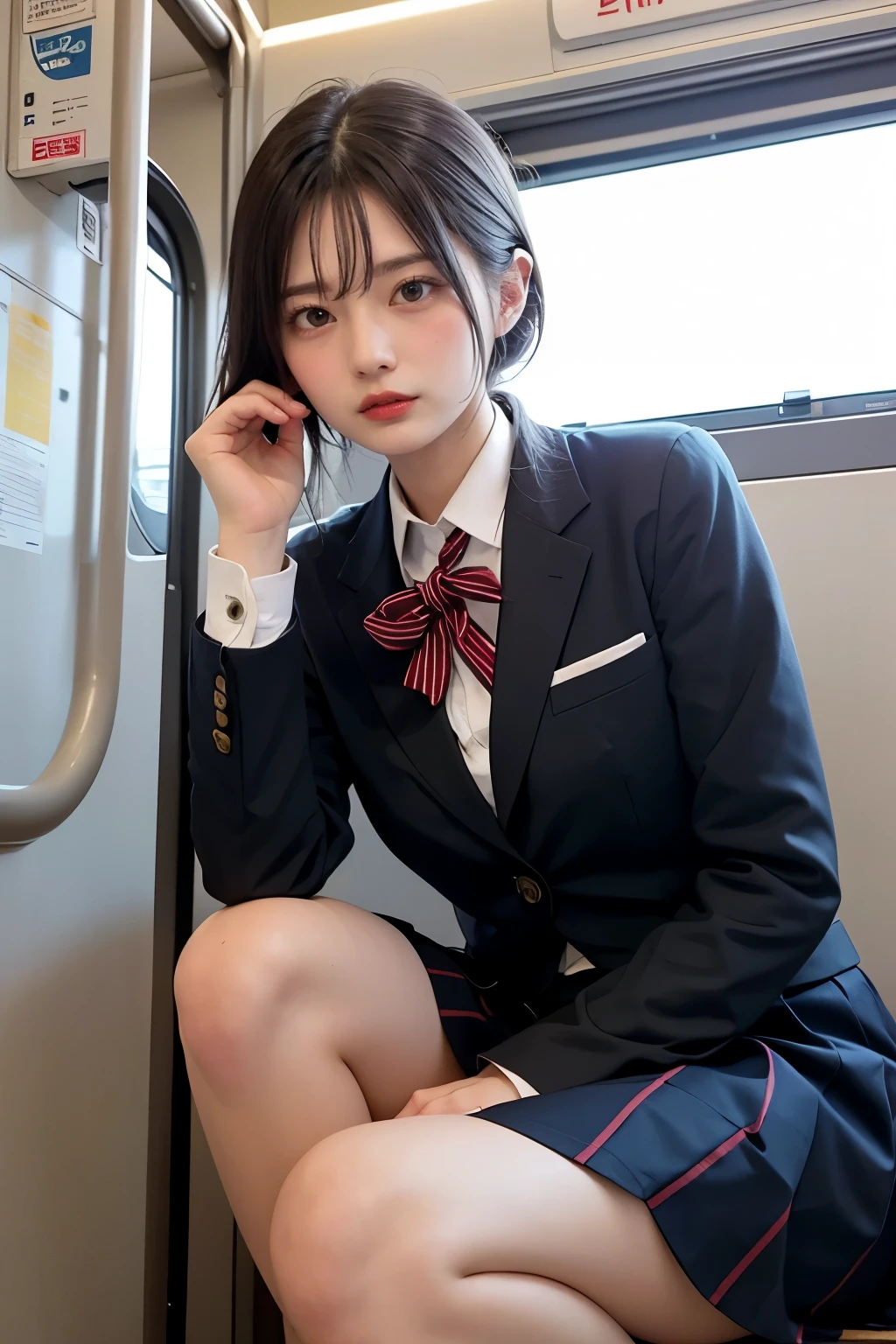 Masterpiece, bokeh, Beautiful Japanese idle, (school uniform:1.3), crouching in train, From below, 