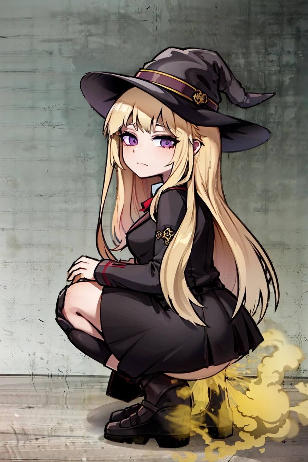 Witch Hat (Brown Hair) Long Hair (((Small breasts))) (Purple Eyes) (((child))) (Slanted Eyes) (((low length))) ,(Turn around)  (((solo))),  Embarrassed,  blush, uniform、 (((A girl farts)))Standing with legs together、((Squat))
、(Holding on)((Her butt is facing me))  (((Loli face)))(((Yellow gas leaking from the anus)))(((high quality)))