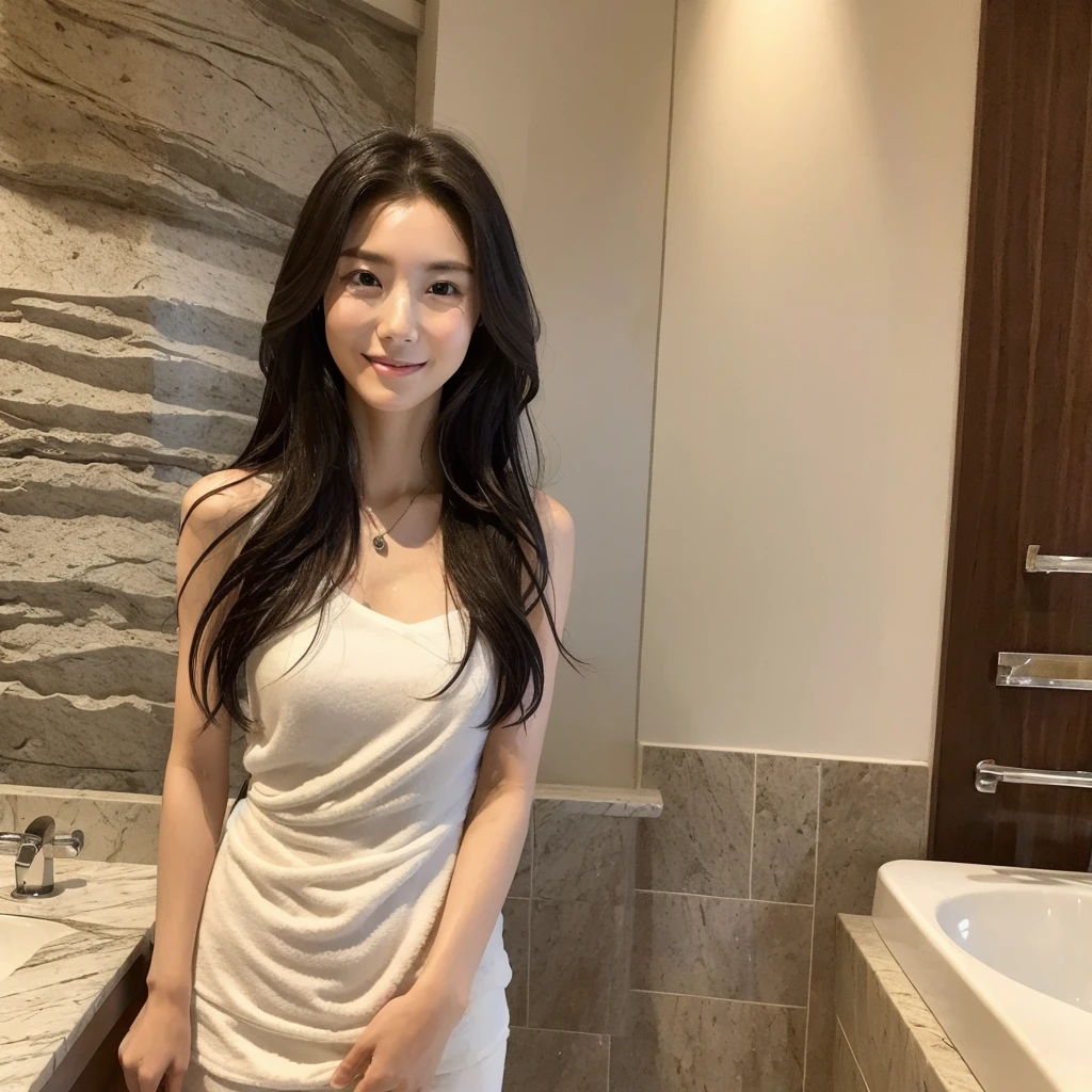 ((Best Masterpiece)), ((top quality)), ((real)), ((8k)), 1 Girl, bath towel,Winding on the body、 Japanese, 24 years old, Super beautiful, pitiable, model, full body, Slender, model, Super Luxury Hotel, Sony SLR Photography, black Long hair, not look at camera,smiling face, Background Realistic, Marble wall、bus, Washstand, Europe, art, photo,