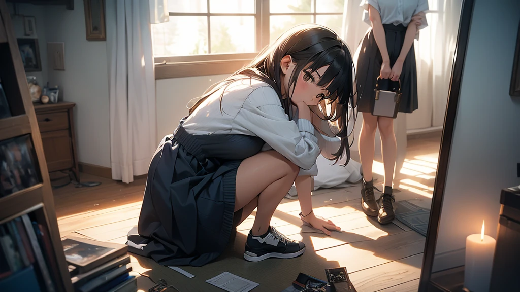 An anime girl standing in a softly lit room with a melancholic expression. She faces a tall mirror that reflects a shattered image, symbolizing broken dreams and unfulfilled expectations. The background shows a cozy room with personal items scattered around, indicating a once cherished relationship. A window lets in the soft light of a setting sun, casting long shadows and a warm glow, symbolizing the passage of time and fading hopes. The girl's posture is slightly slumped, conveying her emotional struggle. In her hand, she holds a photo of someone she once admired, now realizing the truth about them. The atmosphere is filled with a sense of sadness and realization, but also a hint of strength as she begins to accept the reality and move on. The lighting enhances her reflective mood, with shadows accentuating the depth of her emotions.
