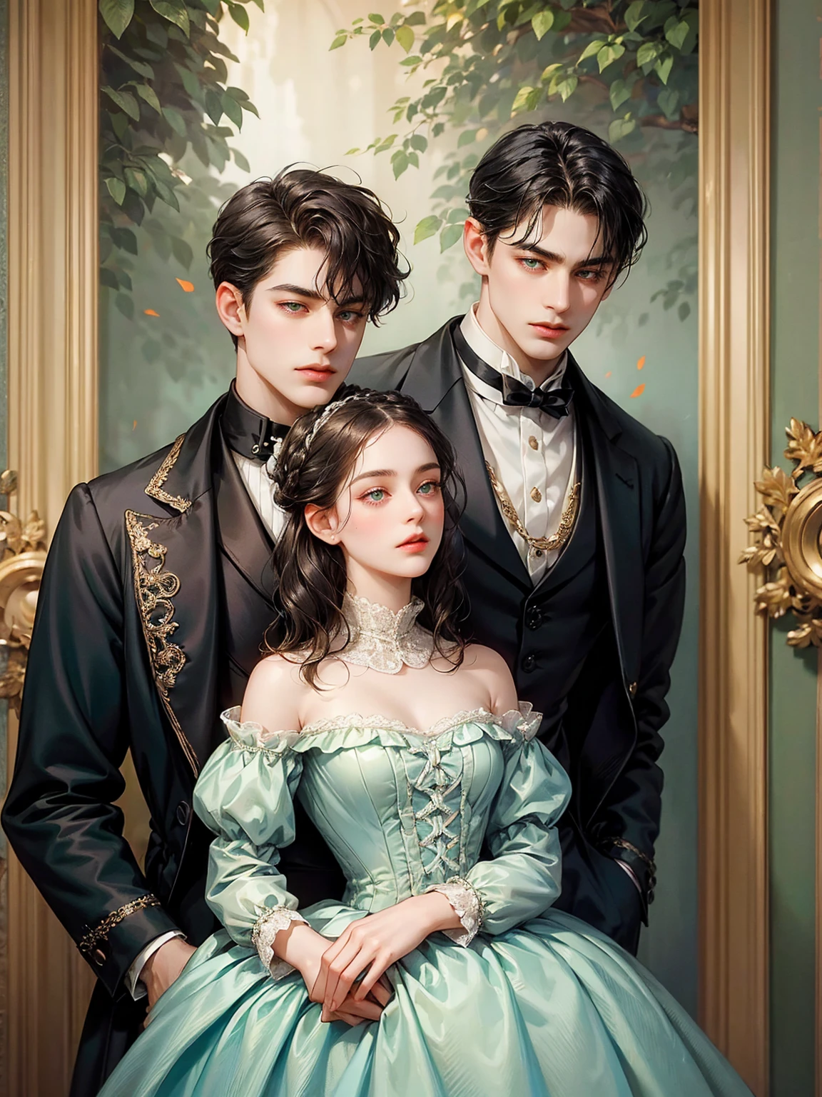 Couple, 1 girl 1 boy. Different hair color, chignon black hair and green eyes, small breast, victorian era unglued dress, short black hair, wavy hair and (sky blu eyes) , male Victorian era dress. They look at the viewers. Background inside of a hall