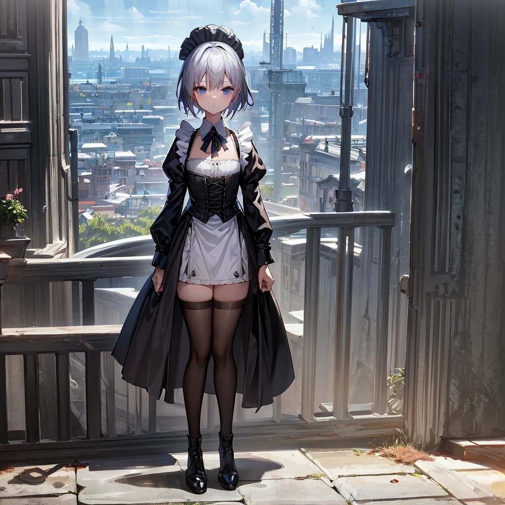 Illustration of one person, Dengeki Bunko, Woman Looking Back, Perfect Human Medicine, Woman keeps falling, {{{{{Maid clothes}}}}},Small Tits,anime, Two legs, Cool,{{{{{50 year old woman}}}}} ,{{{{{a person is depicted}}}}},(Official Art、{{{{{Upper Bodyアングル}}}}},Highest quality、Unity 8k wallpaper、32k、masterpiece、Ultra-detailed、Ultra-high resolution, Realistic、Grab your hair with your hands, Photorealistic:1.2)、(Cinema Lighting:1.2)、,Fire Glow Effect、The most grainy shadows on the film、Rim Light、Side light、Side Shot、(Ultra-detailedで複雑な3Dレンダリング)、Very short hair, Short wolf hair,細部までBeautiful Faceと目、Sharp pupils、Realistic生徒、Slender、Highly detailed background、Beautiful Face、Beautiful 16 year old girl、(Ultra-detailedなスキン、Detailed skin texture:1.Silver Hair:1.3)、Blunt bangs、blue eyes、{{{{{黒いMaid clothes}}}}}、White apron costume、Black knee socks、(Thighs Thighs Thighs Thighs:0.8)、Black Bhutanese sticks and a beautiful sunset、Medieval castle、Dancing on the Tower Roof、(avert your eyes、Overlooking the city:1.3)、Fantastic、Close your mouth and bite, Makes your face smaller, (Tabletop), Highest quality, Perfect Face, 1 Girl, alone, Eye color is light blue, Hair between the eyes, Very Short Hair, blue eyes, Silver Hair, Knee-high boots, corset,Black gloves, Long sleeve, Upper Body,
