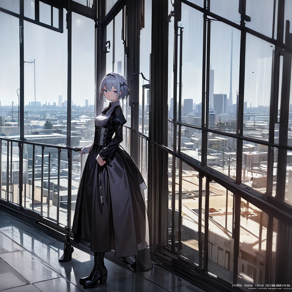 Illustration of one person, Dengeki Bunko, Woman Looking Back, Perfect Human Medicine, Woman keeps falling, {{{{{Maid clothes}}}}},Small Tits,anime, Two legs, Cool,{{{{{50 year old woman}}}}} ,{{{{{a person is depicted}}}}},(Official Art、{{{{{Upper Bodyアングル}}}}},Highest quality、Unity 8k wallpaper、32k、masterpiece、Ultra-detailed、Ultra-high resolution, Realistic、Grab your hair with your hands, Photorealistic:1.2)、(Cinema Lighting:1.2)、,Fire Glow Effect、The most grainy shadows on the film、Rim Light、Side light、Side Shot、(Ultra-detailedで複雑な3Dレンダリング)、Very short hair, Short wolf hair,細部までBeautiful Faceと目、Sharp pupils、Realistic生徒、Slender、Highly detailed background、Beautiful Face、Beautiful 16 year old girl、(Ultra-detailedなスキン、Detailed skin texture:1.Silver Hair:1.3)、Blunt bangs、blue eyes、{{{{{黒いMaid clothes}}}}}、White apron costume、Black knee socks、(Thighs Thighs Thighs Thighs:0.8)、Black Bhutanese sticks and a beautiful sunset、Medieval castle、Dancing on the Tower Roof、(avert your eyes、Overlooking the city:1.3)、Fantastic、Close your mouth and bite, Makes your face smaller, (Tabletop), Highest quality, Perfect Face, 1 Girl, alone, Eye color is light blue, Hair between the eyes, Very Short Hair, blue eyes, Silver Hair, Knee-high boots, corset,Black gloves, Long sleeve, Upper Body,