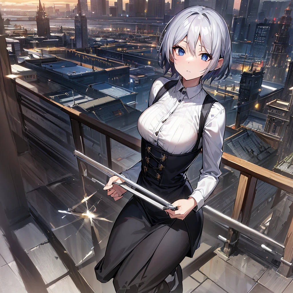Illustration of one person, Dengeki Bunko, Woman Looking Back, Perfect Human Medicine, Woman keeps falling, {{{{{Maid clothes}}}}},Small Tits,anime, Two legs, Cool,{{{{{50 year old woman}}}}} ,{{{{{a person is depicted}}}}},(Official Art、{{{{{Upper Bodyアングル}}}}},Highest quality、Unity 8k wallpaper、32k、masterpiece、Ultra-detailed、Ultra-high resolution, Realistic、Grab your hair with your hands, Photorealistic:1.2)、(Cinema Lighting:1.2)、,Fire Glow Effect、The most grainy shadows on the film、Rim Light、Side light、Side Shot、(Ultra-detailedで複雑な3Dレンダリング)、Very short hair, Short wolf hair,細部までBeautiful Faceと目、Sharp pupils、Realistic生徒、Slender、Highly detailed background、Beautiful Face、Beautiful 16 year old girl、(Ultra-detailedなスキン、Detailed skin texture:1.Silver Hair:1.3)、Blunt bangs、blue eyes、{{{{{黒いMaid clothes}}}}}、White apron costume、Black knee socks、(Thighs Thighs Thighs Thighs:0.8)、Black Bhutanese sticks and a beautiful sunset、Medieval castle、Dancing on the Tower Roof、(avert your eyes、Overlooking the city:1.3)、Fantastic、Close your mouth and bite, Makes your face smaller, (Tabletop), Highest quality, Perfect Face, 1 Girl, alone, Eye color is light blue, Hair between the eyes, Very Short Hair, blue eyes, Silver Hair, Knee-high boots, corset,Black gloves, Long sleeve, Upper Body,