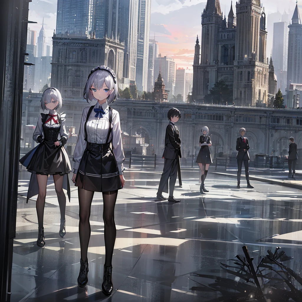 Illustration of one person, Dengeki Bunko, Woman Looking Back, Perfect Human Medicine, Woman keeps falling, {{{{{Maid clothes}}}}},Small Tits,anime, Two legs, Cool,{{{{{50 year old woman}}}}} ,{{{{{a person is depicted}}}}},(Official Art、{{{{{Upper Bodyアングル}}}}},Highest quality、Unity 8k wallpaper、32k、masterpiece、Ultra-detailed、Ultra-high resolution, Realistic、Grab your hair with your hands, Photorealistic:1.2)、(Cinema Lighting:1.2)、,Fire Glow Effect、The most grainy shadows on the film、Rim Light、Side light、Side Shot、(Ultra-detailedで複雑な3Dレンダリング)、Very short hair, Short wolf hair,細部までBeautiful Faceと目、Sharp pupils、Realistic生徒、Slender、Highly detailed background、Beautiful Face、Beautiful 16 year old girl、(Ultra-detailedなスキン、Detailed skin texture:1.Silver Hair:1.3)、Blunt bangs、blue eyes、{{{{{黒いMaid clothes}}}}}、White apron costume、Black knee socks、(Thighs Thighs Thighs Thighs:0.8)、Black Bhutanese sticks and a beautiful sunset、Medieval castle、Dancing on the Tower Roof、(avert your eyes、Overlooking the city:1.3)、Fantastic、Close your mouth and bite, Makes your face smaller, (Tabletop), Highest quality, Perfect Face, 1 Girl, alone, Eye color is light blue, Hair between the eyes, Very Short Hair, blue eyes, Silver Hair, Knee-high boots, corset,Black gloves, Long sleeve, Upper Body,