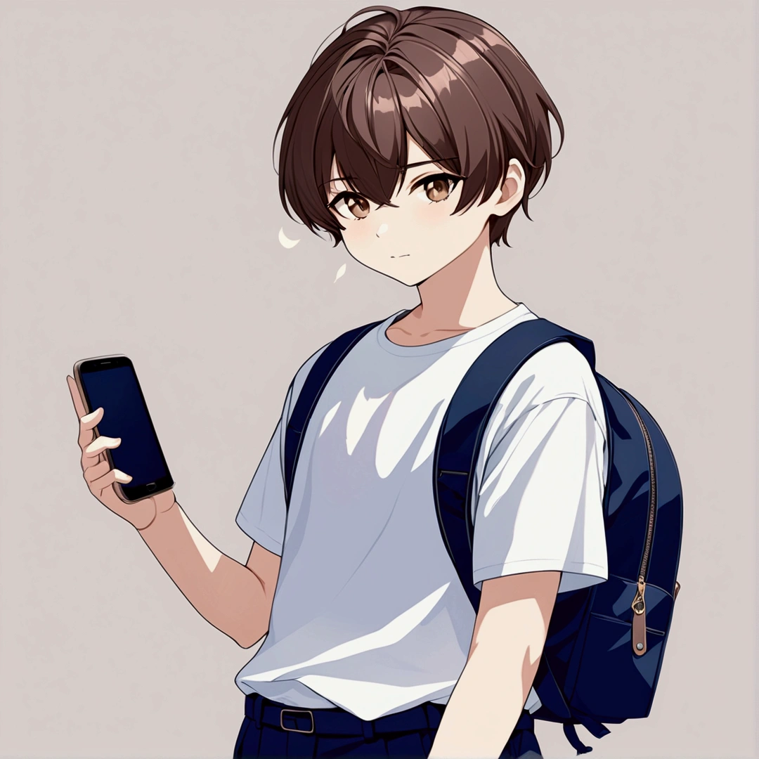 Create an image of a boy who doesn't have a backpack on his back but is holding a smartphone in his right hand.