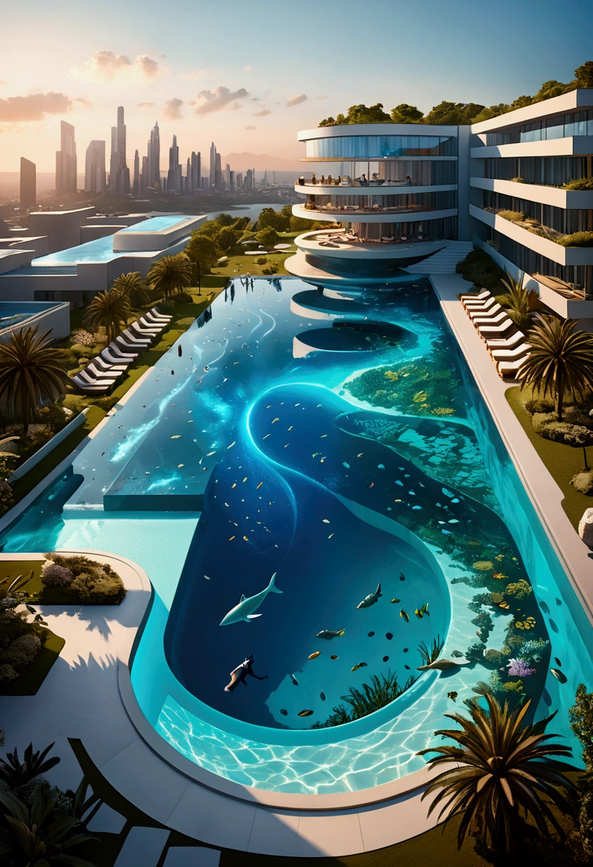 (Pool parties), a vibrant pool  set in a futuristic eco-city, where the latest in aquatic technology seamlessly blends with nature. The pool, a vast, crystal-clear bioluminescent body of water, glows with an iridescent palette that shifts with the underwater currents, casting a dreamy ambiance over the entire scene, full body, (Photography), panoramic view, award-winning, cinematic still, emotional, vignette, dynamic, vivid, (masterpiece, best quality, Professional, perfect composition, very aesthetic, absurdres, ultra-detailed, intricate details:1.3)