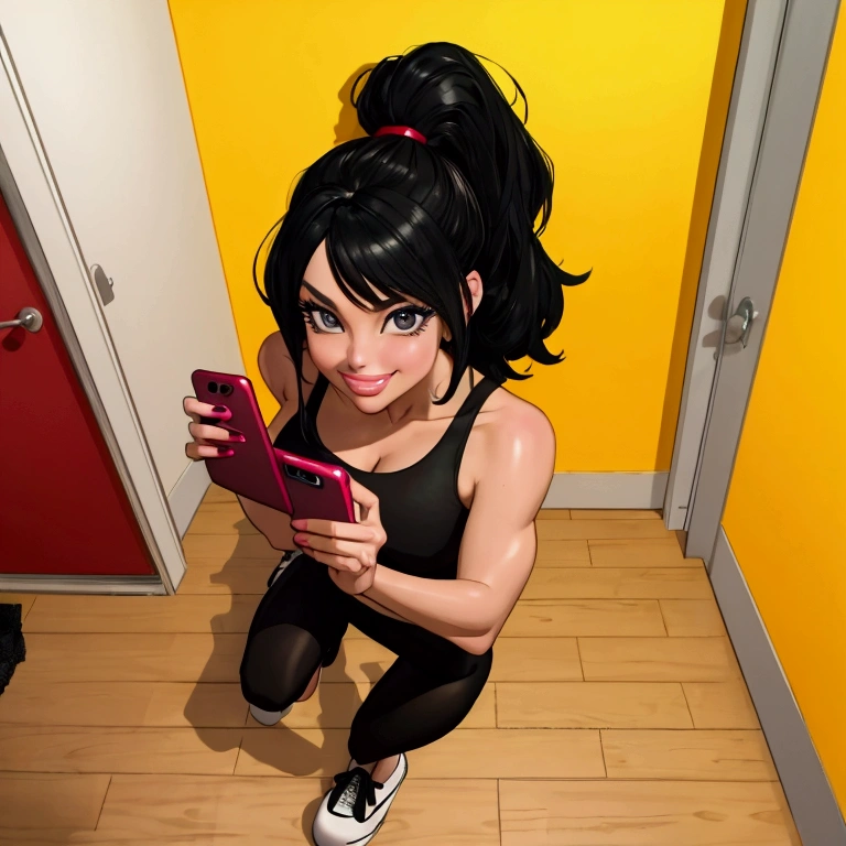 Girl, blue tank top, black hair, black eyes, red lips, platform sneakers, black spandex, smile, cell phone in left hand, wooden floor, door on the right, yellow walls, from above, 1080P, HD, 16k, super detail, high details, anatomically correct, high quality