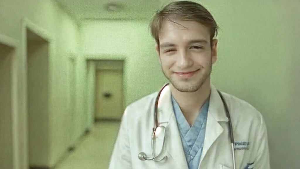 young, handsome doctor smiling in hospital corridor,