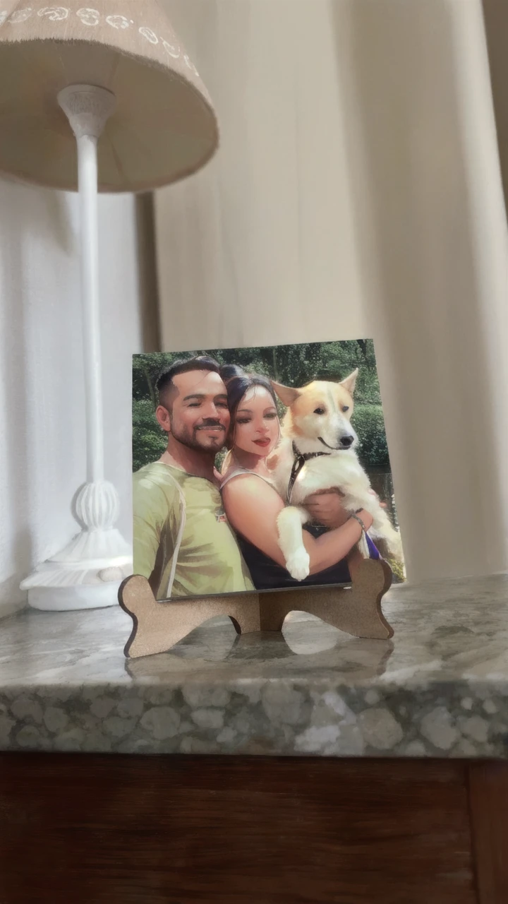 there is one photo of a man and woman with a dog on a table, imagem em forma, photographic product, long distance photo, one photo, Actual image, center of picture, portrait profile photo, 8k photo, Photo the 8k, museum quality photo, On the screen, home photography portrait, real life photo, placed in a living room, on a screen