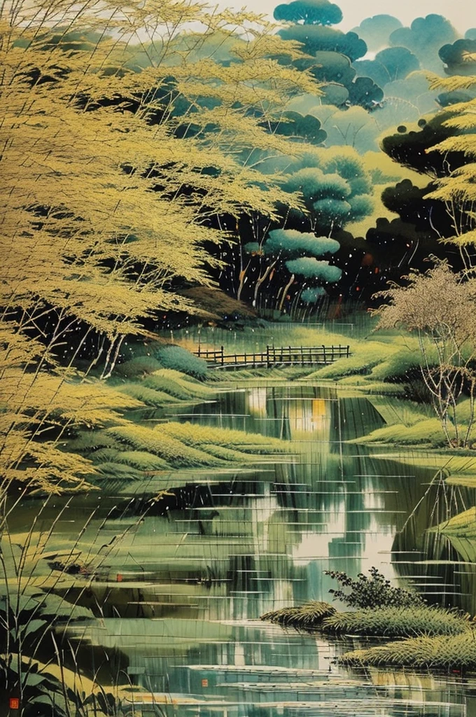 Landscape architecture,Pavilion by the water,Rich in artistic conception,Ink Painting,Chinese painting,willow,Sparkling,Mustard Seed Garden Painting Manual,Chinese pavilion