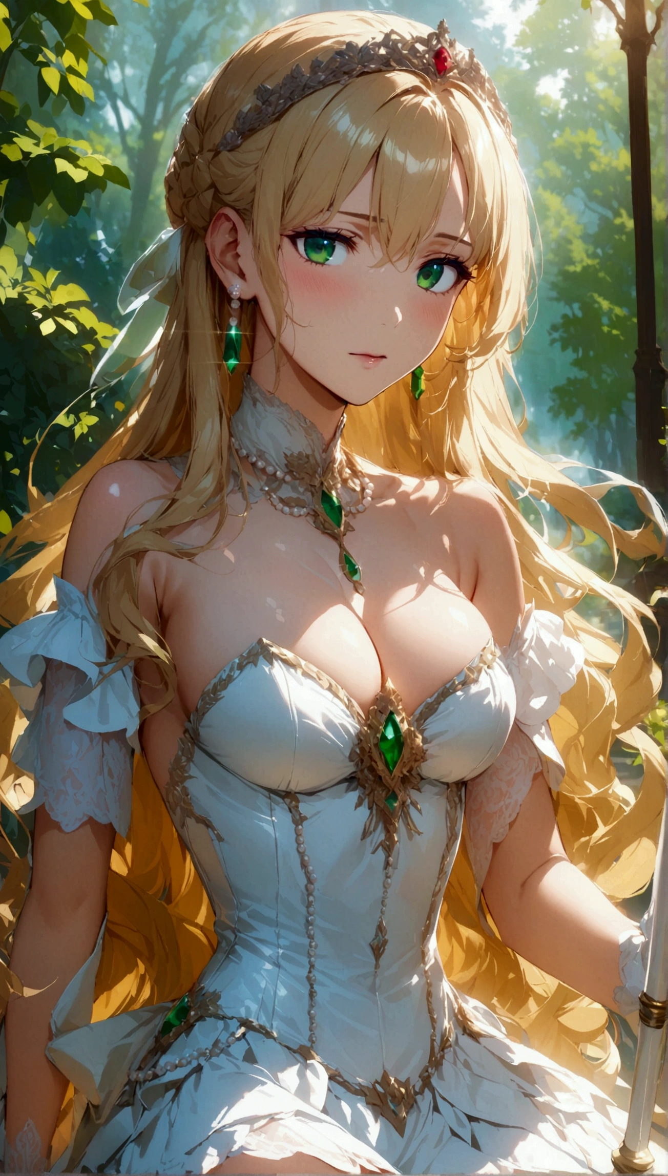 Anime. 1 Girl. Cute girl. Princess. Blonde. Long hair. Wavy hair. Green eyes. Beautiful eyes. Perfect eyes. Expressive eyes. Blind eyes. Blind. Ideal face. 16 years. Sitting chest. Beautiful breasts. Ideal anatomical body. Beautiful long legs. Luxurious white dress. White stockings. High heel shoes. White cane. Diadem. Pearl necklace. Neat earrings. White gloves. Standing at full height. She is standing on the street. Stands in the royal garden. Beautiful character design. Shiny skin. Full body. Official
art. Extremely detailed CG Unity 8k wallpaper. Ideal lighting. Ultra high resolution 4K. Super detailed 8K. A high resolution.