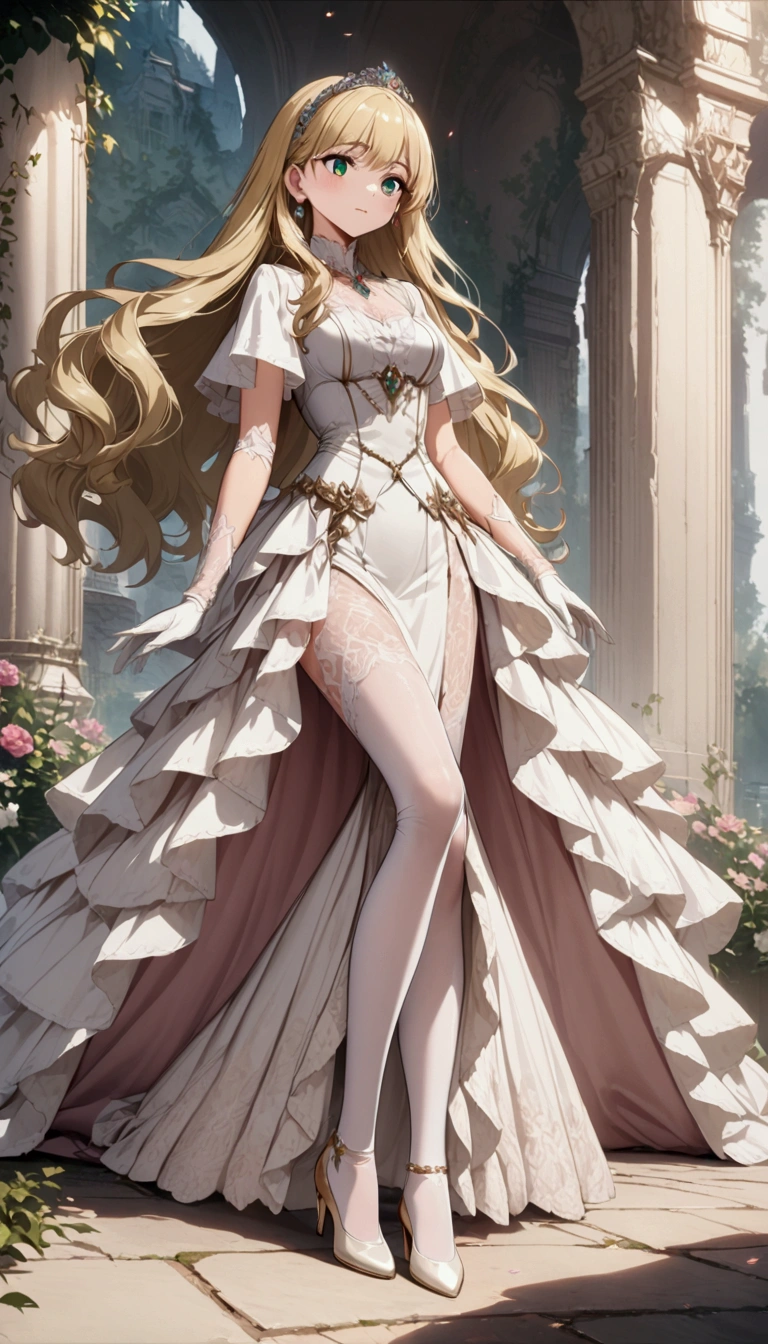 Anime. 1 Girl. Cute girl. Princess. Blonde. Long hair. Wavy hair. Green eyes. Beautiful eyes. Perfect eyes. Expressive eyes. Blind eyes. Blind. Ideal face. . Sitting chest. Beautiful breasts. Ideal anatomical body. Beautiful long legs. Luxurious white dress. White stockings. High heel shoes. White cane. Diadem. Pearl necklace. Neat earrings. White gloves. Standing at full height. She is standing on the street. Stands in the royal garden. Beautiful character design. Shiny skin. Full body. Official
art. Extremely detailed CG Unity 8k wallpaper. Ideal lighting. Ultra high resolution 4K. Super detailed 8K. A high resolution.