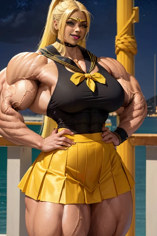 ((((Massive tall, beautiful, buff, light brown skinned muscular woman with yellow hair, black lipstick, ginormous bulky muscles and wearing a beautiful long yellow sailor top with sailor skirt)))), (close view), (massive muscles), long flowing hair, ((yellow sailor skirt)), gray eyes, choker, (((beautiful yellow sailor top))), belt, thigh high socks, black boots, (in the docks), (closed smile), night, massive muscles