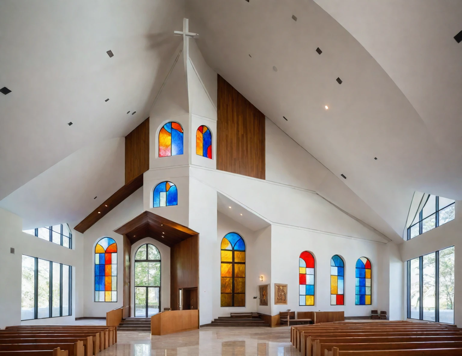 Modern Catholic church, sleek architecture, clean lines, large glass panels, striking facade, grand entrance, tall slim doors, open space, natural light, high ceiling, exposed beams, marble altar, modern cross, wooden pews, subtle religious artwork, abstract stained glass, serene, reverent