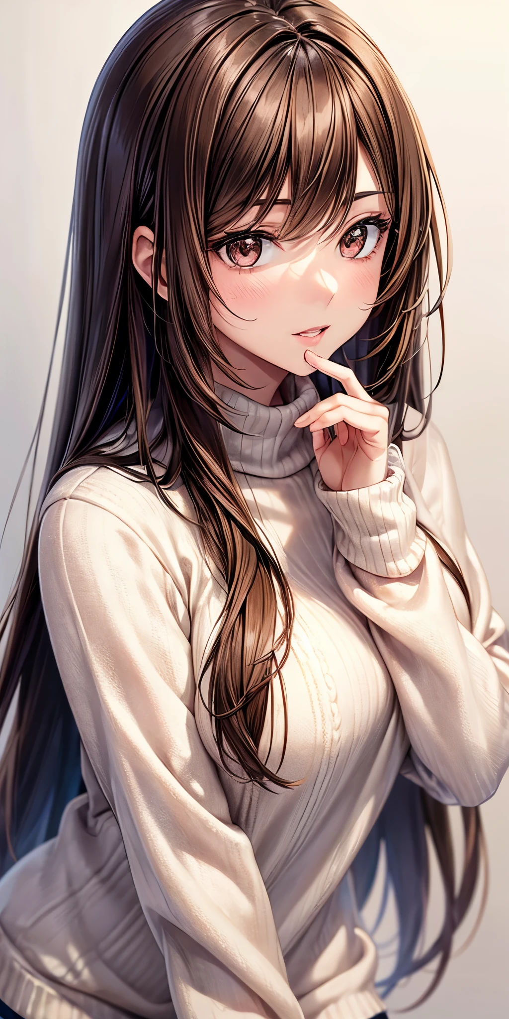 Girl, long straight brown hair, brown eyes, sharp features, white skin, pink lips, beautiful, perfect, calm, sweater