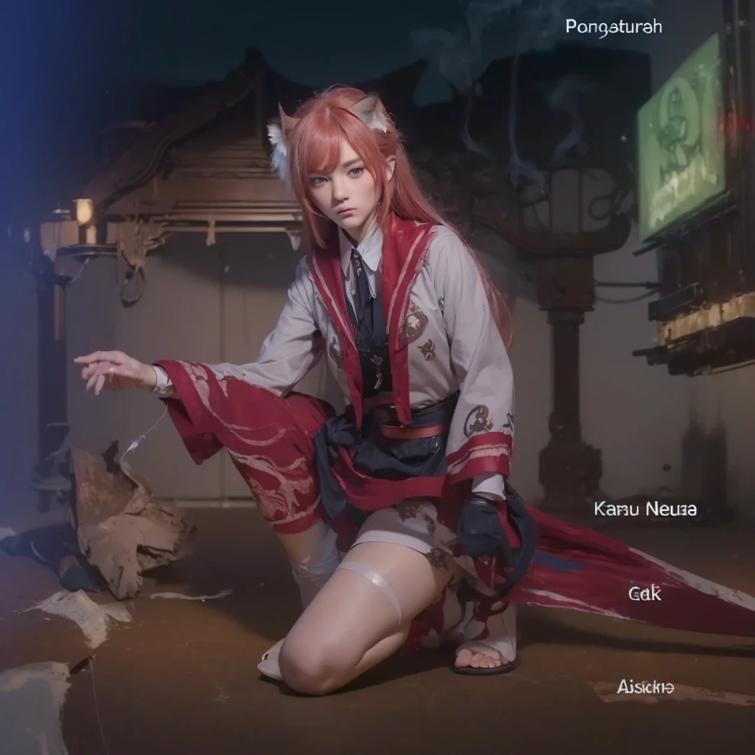 ((masterpiece)), 8k cg, best quality, intricate details, chromatic aberration, ((bust shot)), ((looking at the viewer)), 1girl, Japanese, fox girl, ((Character(( a girl)), frown, closed mouth, soft lips , blue eyes)),sharp eyes, long face, blush, makeup, mature face, strong jaw, ((scarlet red fox ears)), strong face, (fierce face), strong cheeks, blush, long lashes, ((long hair, ((red hair)), straight bangs)), ((navy blue, and red body suit)), defined body, tall, slender, medium breasts, , (((background(((dark background)), smoke))), absurdes,