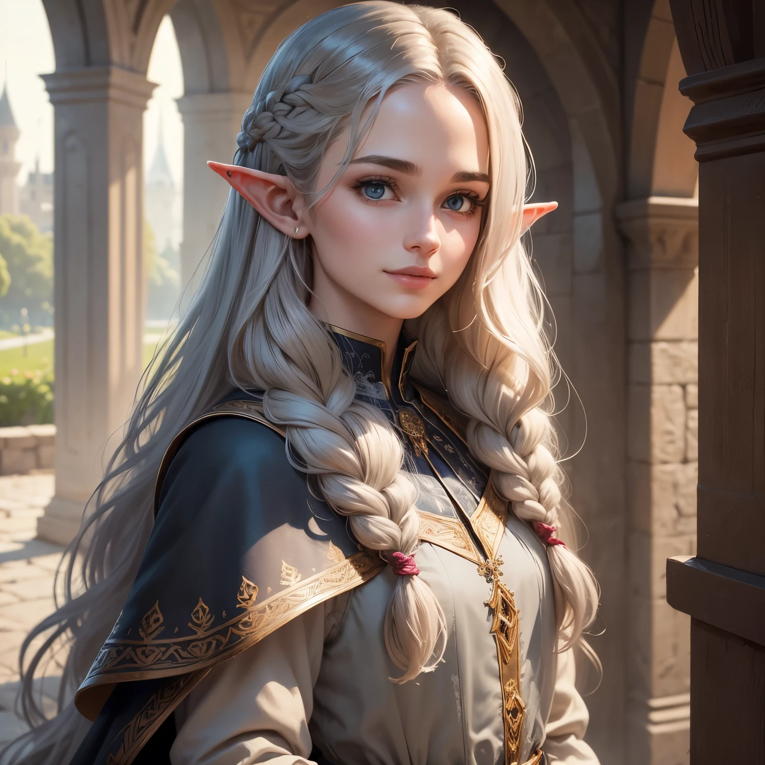 sup((best quality)), ((masterpiece)), (detailed), Prize-winning works, with incredible details, maximum textures and details, supHD ,8K,super resolution ,depth of field, retina, masterpiece, anatomically correct, textured skin, super detail, high details, highres ,an elf ,wearing medieval dress with lots of details1 Medieval female fantasy RPG elf,hair in the wind,very long light gray wavy braid hair ,((hair,)),shy smile,similar to the work of JRR Tolkien,longCap ,fully body, hyper-detailed piercing eyes , (25 year old young man :1.1,detailedeyes, face detailed, whole body:1.1,the background is a magnificent castle similar to Castello de Chambord ),(best qualityer:1.2,ultra detali:1.1,realisitic:1.37) ,eyeshadows,sharp focus,swirly vibrant colors,)