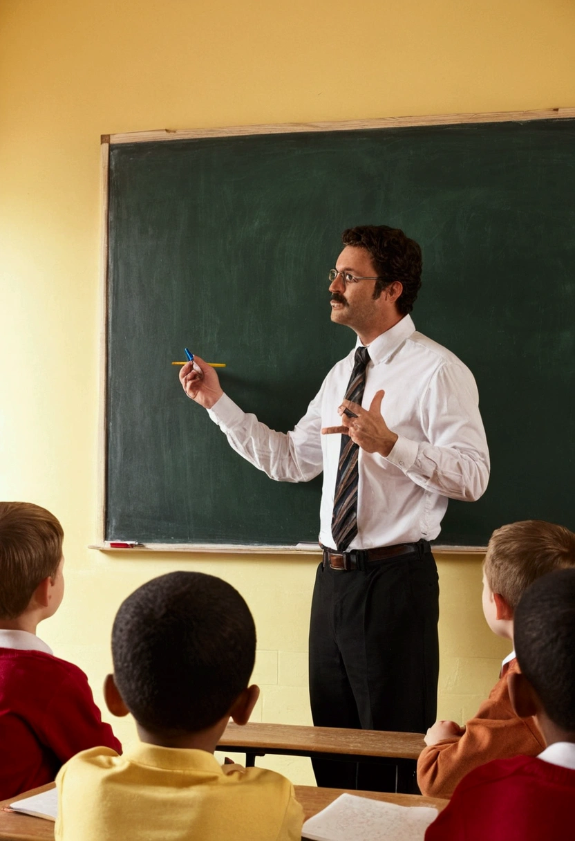A teacher teaches his students in front of a blackboard