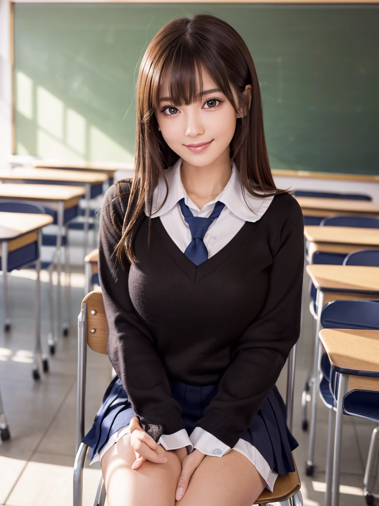 8k,best quality, masterpiece, ultra detailed, ultra high res, photorealistic, raw photo, absurdres, absolutely resolution, 1girl, full body, looking at viewer,a Japanese young pretty woman, hyper cute face, glamorous figure, large breasts,long bob hair,smile,(school uniform:1.3),beautiful eyes, ,windy, (I'm sitting in a chair in a classroom:1.3),glossy lips, double eyelids in both eyes, natural makeup, long eyelashes, shiny smooth light brown long bob hair, asymmetrical bangs, shiny skin, central image, high resolution, high detailing, detailed hairstyle, detailed face, spectacular movie lighting, octane rendering, vibrant, hyper realistic, perfect limbs, perfect anatomy