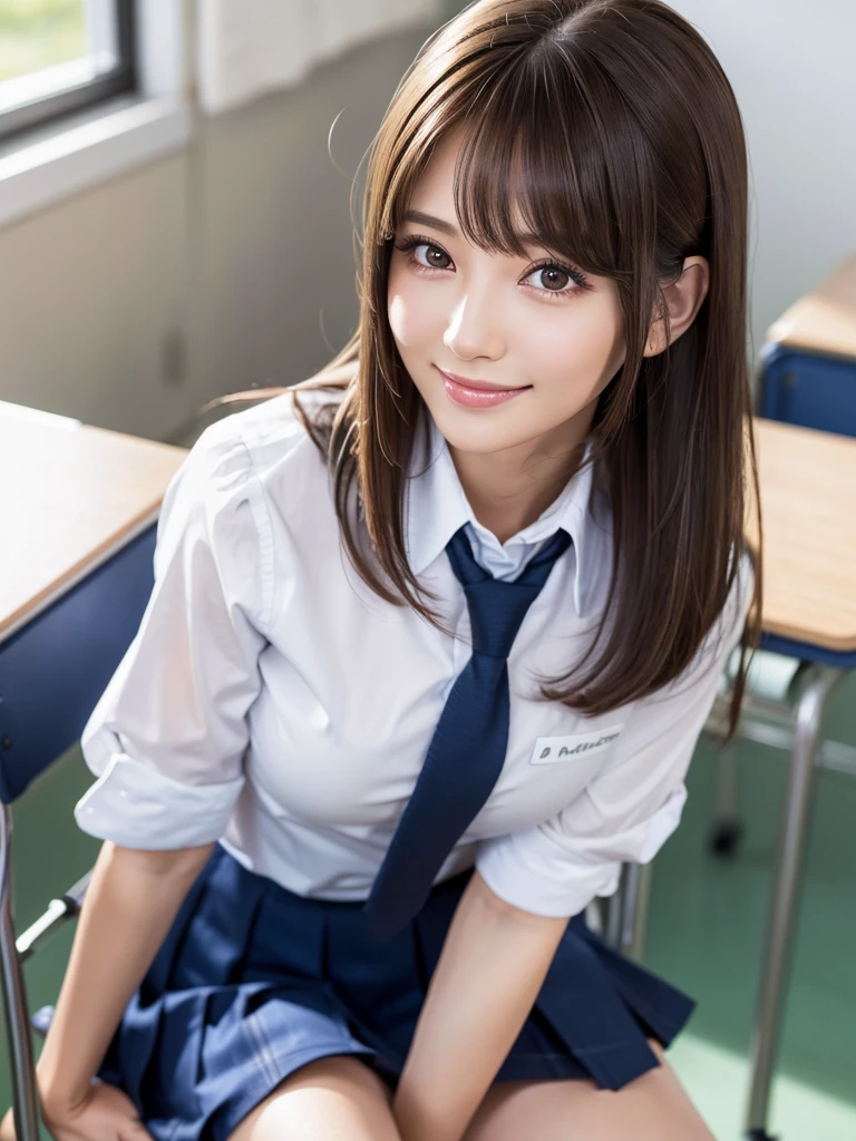 8k,best quality, masterpiece, ultra detailed, ultra high res, photorealistic, raw photo, absurdres, absolutely resolution, 1girl, full body, looking at viewer,a Japanese young pretty woman, hyper cute face, glamorous figure, large breasts,long bob hair,smile,(school uniform:1.3),beautiful eyes, ,windy, (I'm sitting in a chair in a classroom:1.3),glossy lips, double eyelids in both eyes, natural makeup, long eyelashes, shiny smooth light brown long bob hair, asymmetrical bangs, shiny skin, central image, high resolution, high detailing, detailed hairstyle, detailed face, spectacular movie lighting, octane rendering, vibrant, hyper realistic, perfect limbs, perfect anatomy